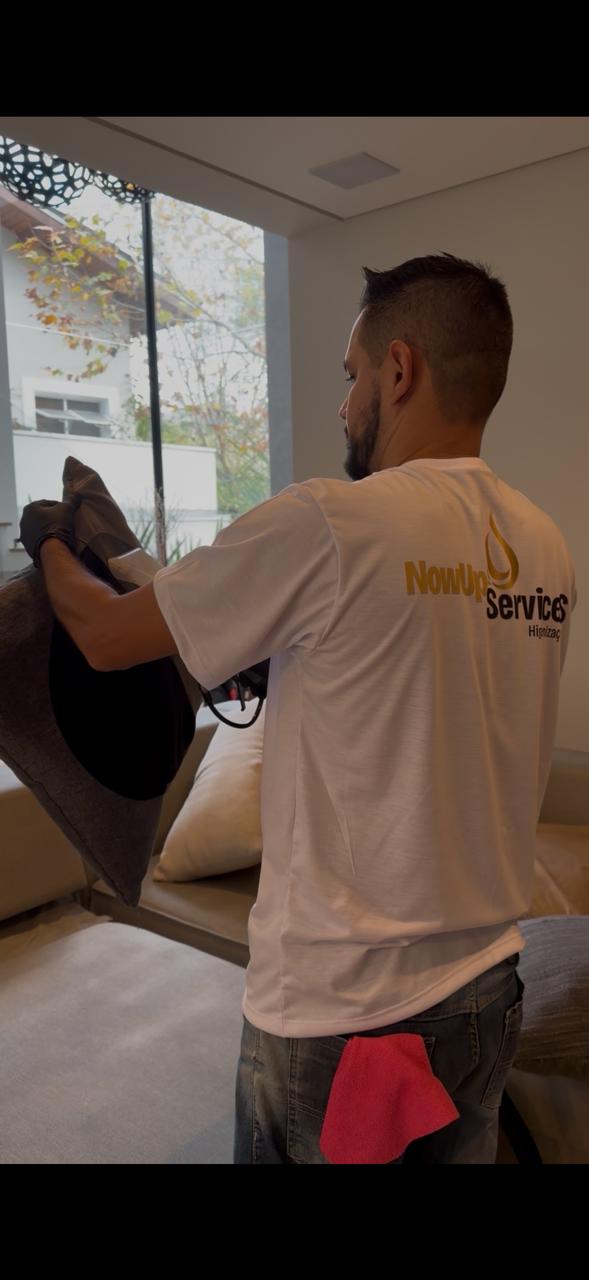 Técnico realizando higienização de sofá